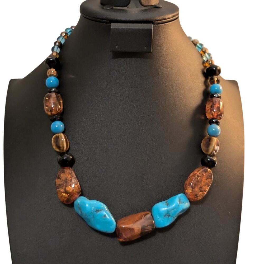 Chunky Faux Turquoise Amber Tiger Eye Black Onyx Beaded Necklace